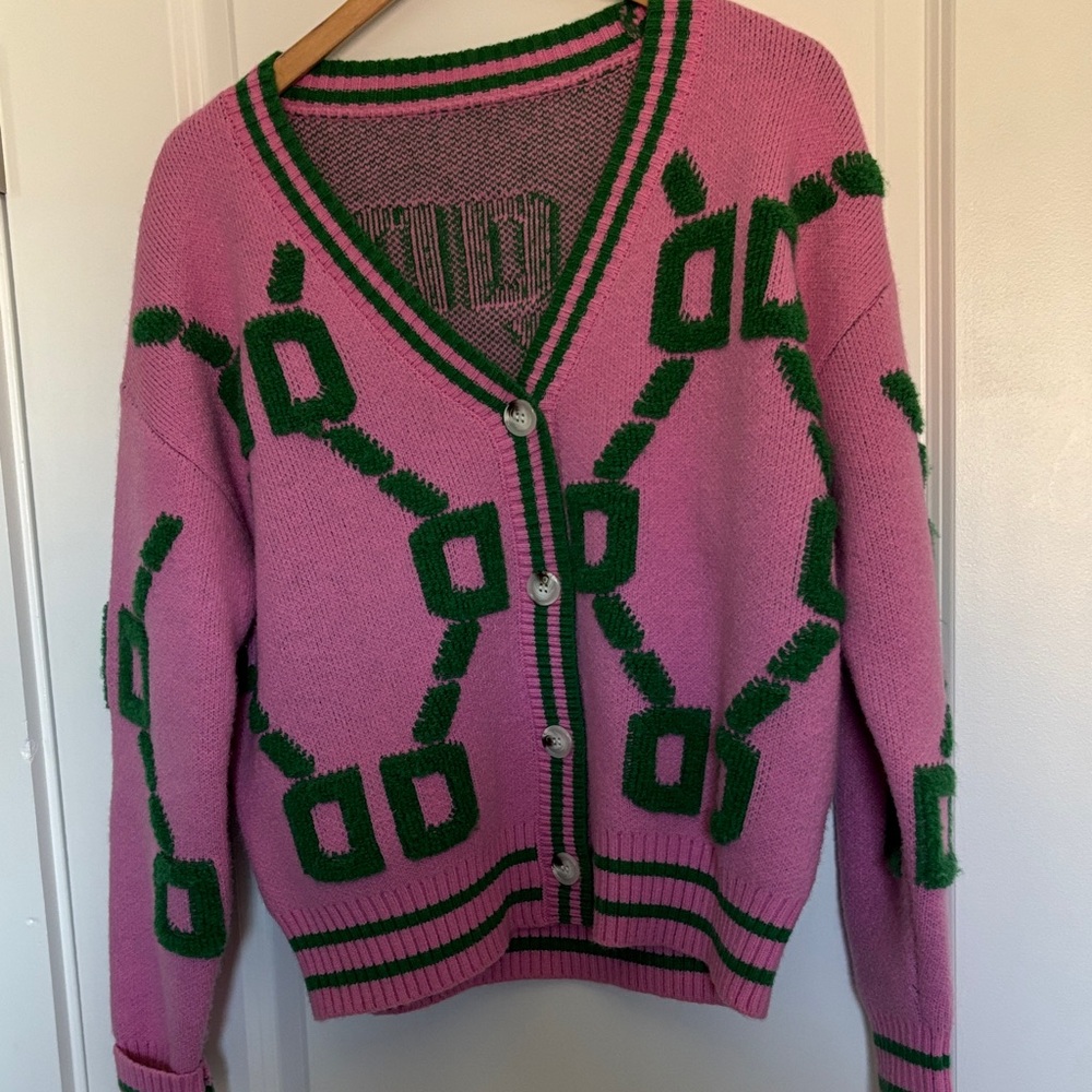 Pink and Green Geometric Patterned Women's Sweater